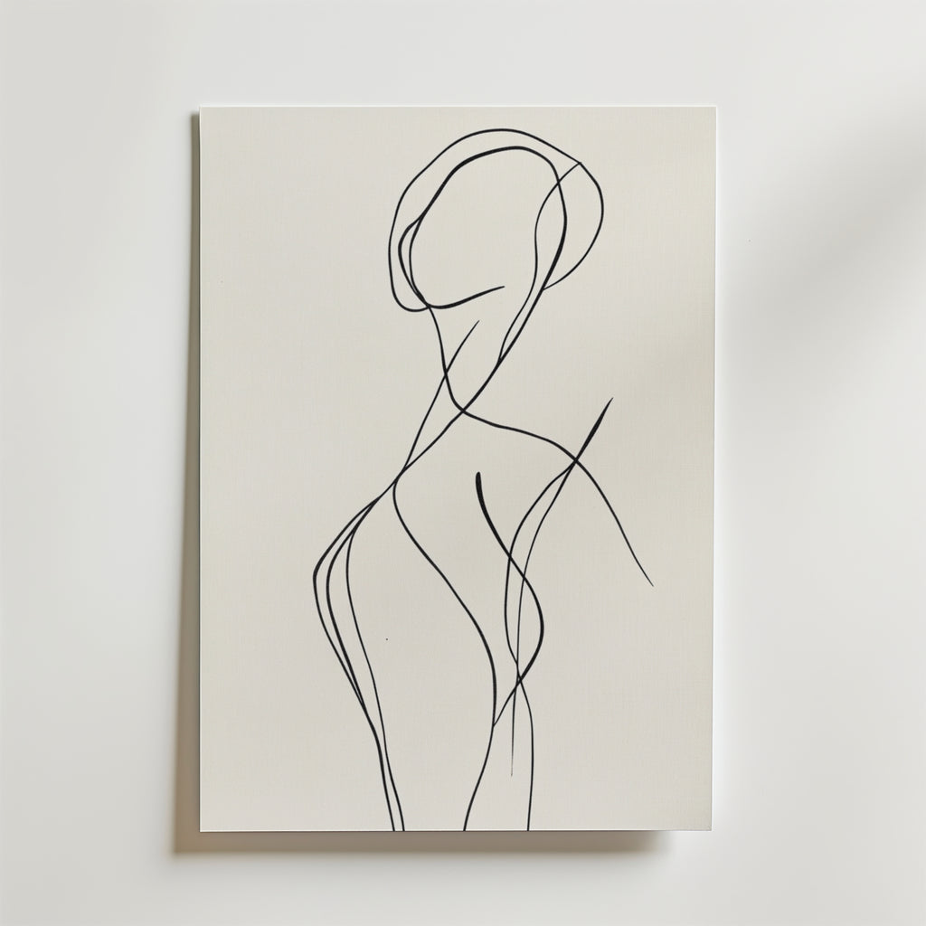 Bozetto's Abstract Curvy Female Poster visar flödande svarta linjer på premiumpapper som bildar en minimalistisk figur mot en vit canvas - perfekt för moderna, ljusa väggar.