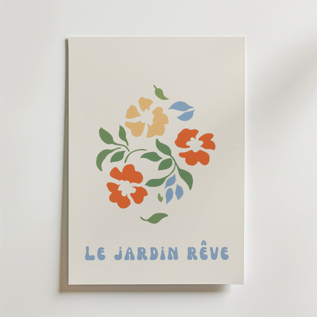 Bozetto Floral väggkonst garden green Poster föreställer minimala orange och gula blommor med gröna blad och "LE JARDIN RÊVE" i blått på en vit bakgrund, tryckt på FSC-certifierat premiumpapper.