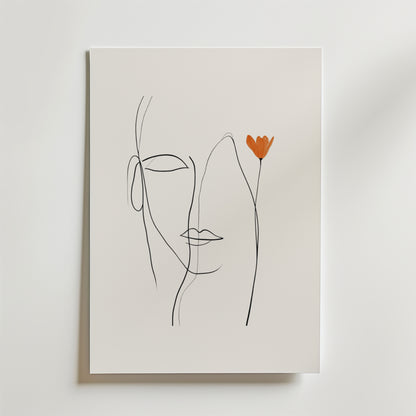 Bozetto Orange Flower Line Face Poster har en minimalistisk linjeteckning av en profil med en orange blomma på en vit bakgrund, tryckt på premiumpapper med en matt finish för ett elegant och raffinerat utseende.