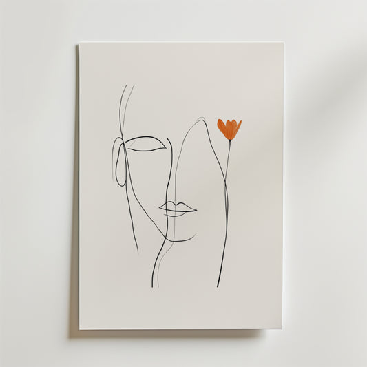 Bozetto Orange Flower Line Face Poster har en minimalistisk linjeteckning av en profil med en orange blomma på en vit bakgrund, tryckt på premiumpapper med en matt finish för ett elegant och raffinerat utseende.