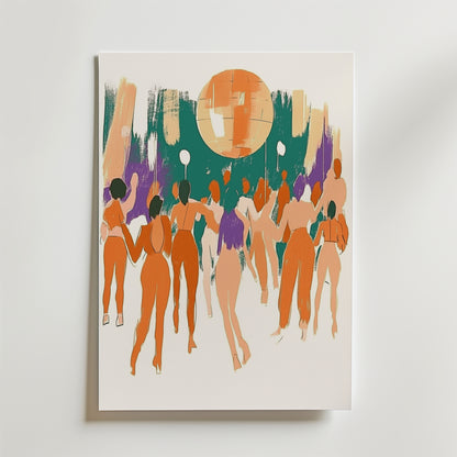 Ge energi till alla rum med Disco Vibes Poster från Bozetto - en abstrakt målning av dansare under en stor orange discokula, med djärva gröna, lila och orangea streck, tryckt på matt yta FSC-certifierat premiumpapper.