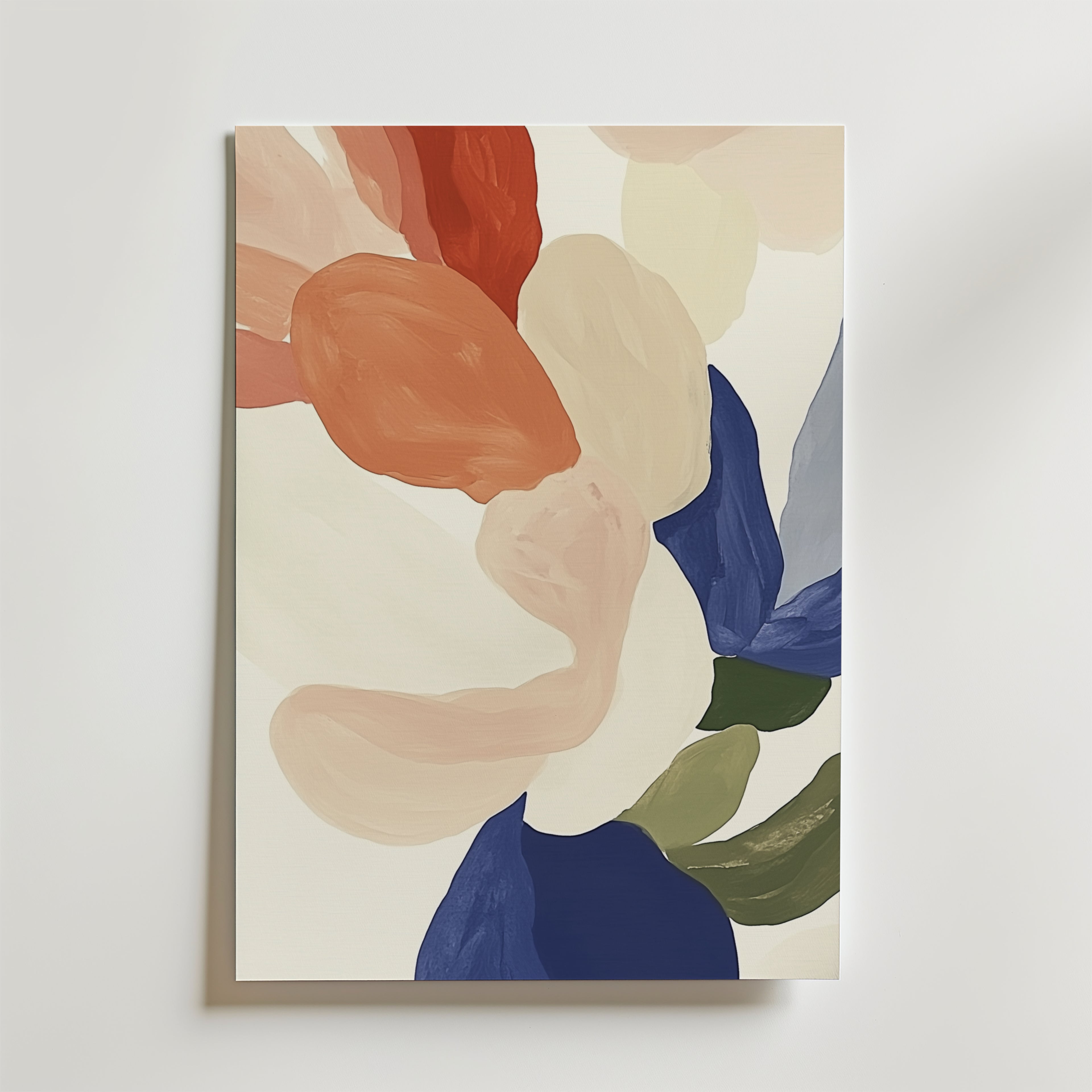 Abstract botanical modern pastell Poster" från Bozetto har stora, överlappande organiska former i persika, grädde, blått, grönt och rost på vitt, tryckt på premiumpapper - perfekt för att ge modern stil till alla ljusa väggar.