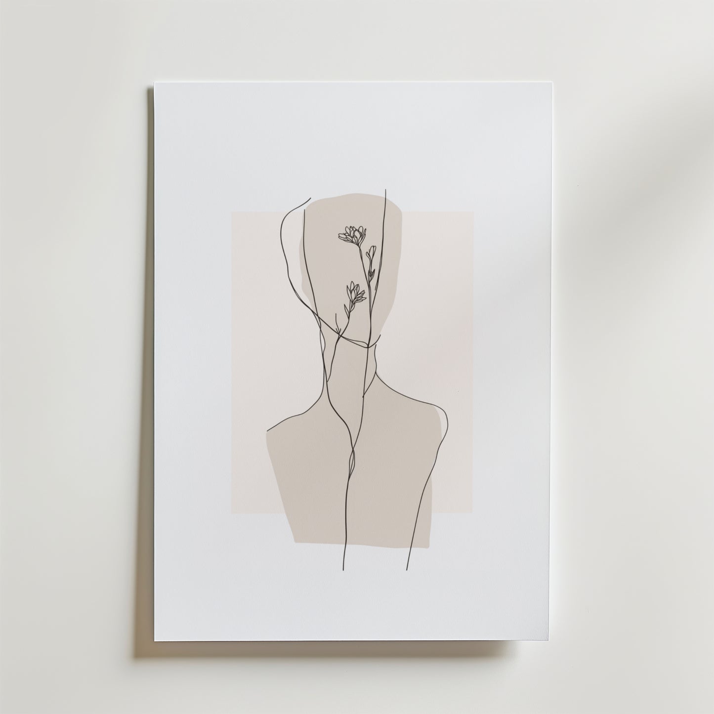 Minimalistisk linjeteckning av en människa med blommor i ansiktet på en vit bakgrund med beige accent-Inner Bloom Poster by Bozetto, tryckt på exklusivt premiumpapper.