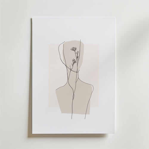 Minimalistisk linjeteckning av en människa med blommor i ansiktet på en vit bakgrund med beige accent-Inner Bloom Poster by Bozetto, tryckt på exklusivt premiumpapper.