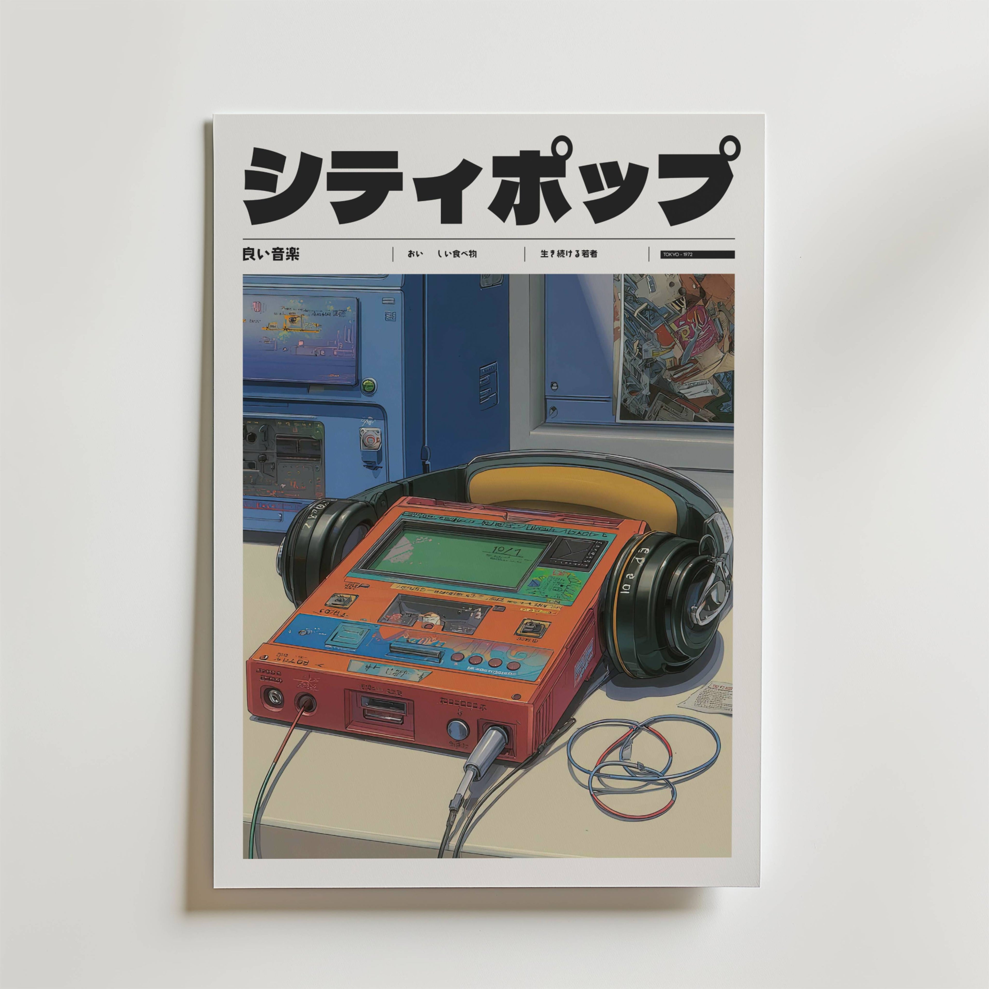 Retro Frequency Poster från Bozetto föreställer en klassisk röd kassettbandspelare med svarta hörlurar på ett bord, kablar runt omkring och blå maskiner i bakgrunden. Den djärva japanska titeln ger nostalgiska vibbar till denna unika väggkonst.