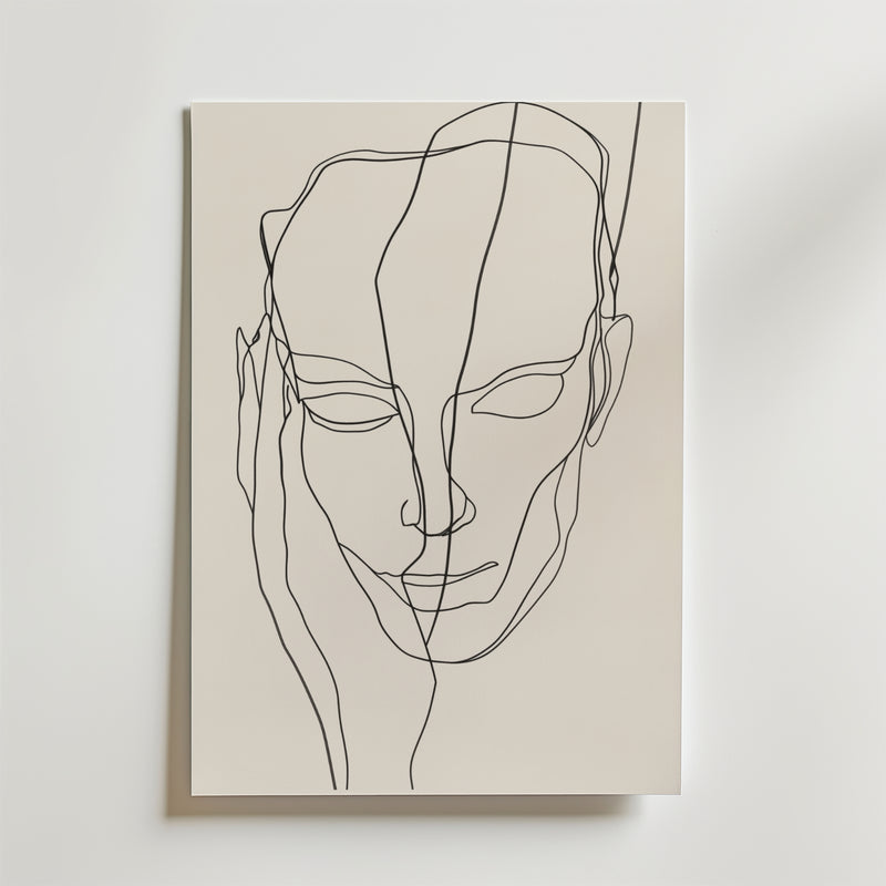 Mind Reflection Poster från Bozetto har en minimalistisk linjeteckning av ett mänskligt ansikte och en hand på premiumpapper med enkla svarta linjer. Detta eleganta konstverk visas monterat på en ljus vägg.