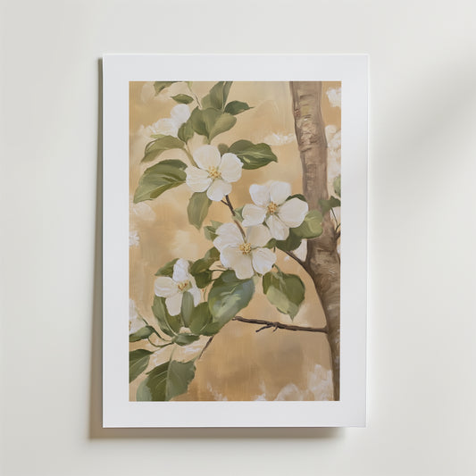 Bozetto Spring Blossom Poster, tryckt på premiumpapper med matt yta, visar vita blommor och gröna blad på en trädgren mot en mjuk beige bakgrund som ger en elegant charm till alla vita väggar.