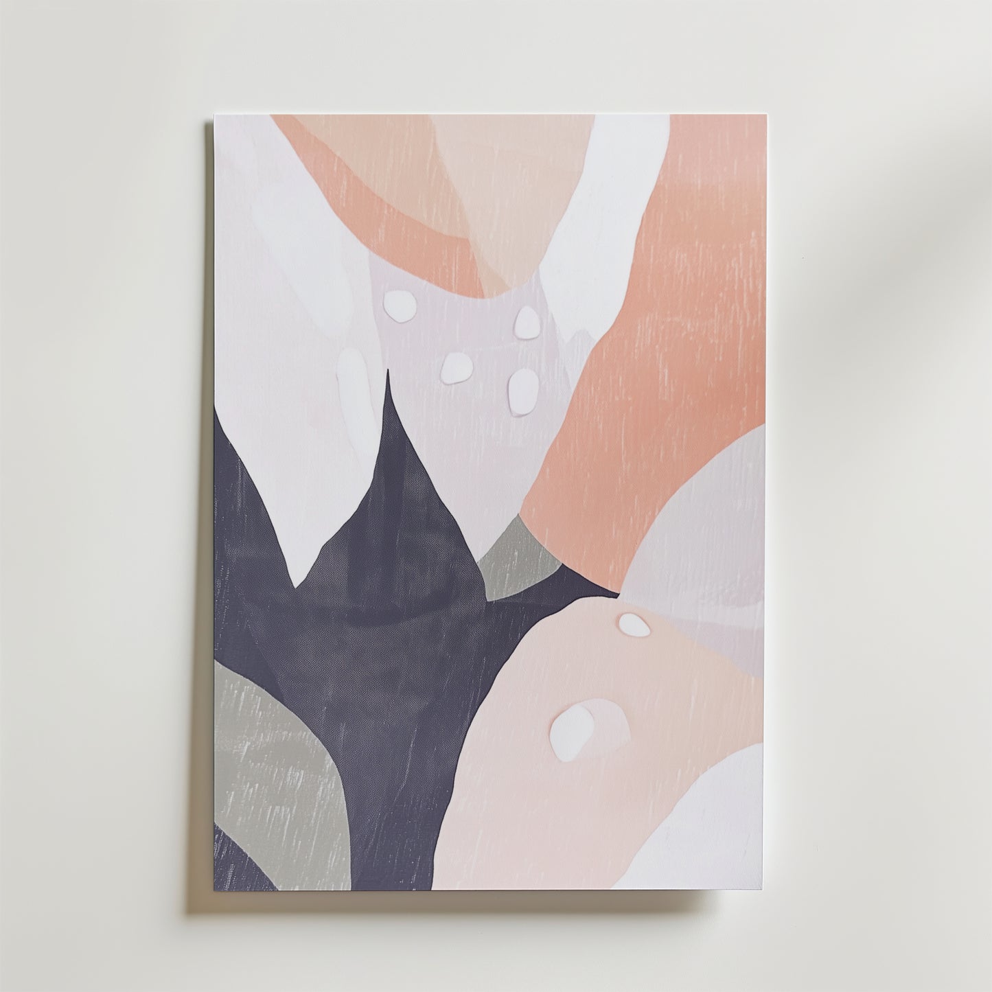 Bozetto Camellia Charm Abstract Poster visar överlappande organiska former i färgerna peach, blush, cream, gray och dark navy på vit botten, tryckt som en högkvalitativ poster på premiumpapper med en strukturerad, målad effekt.