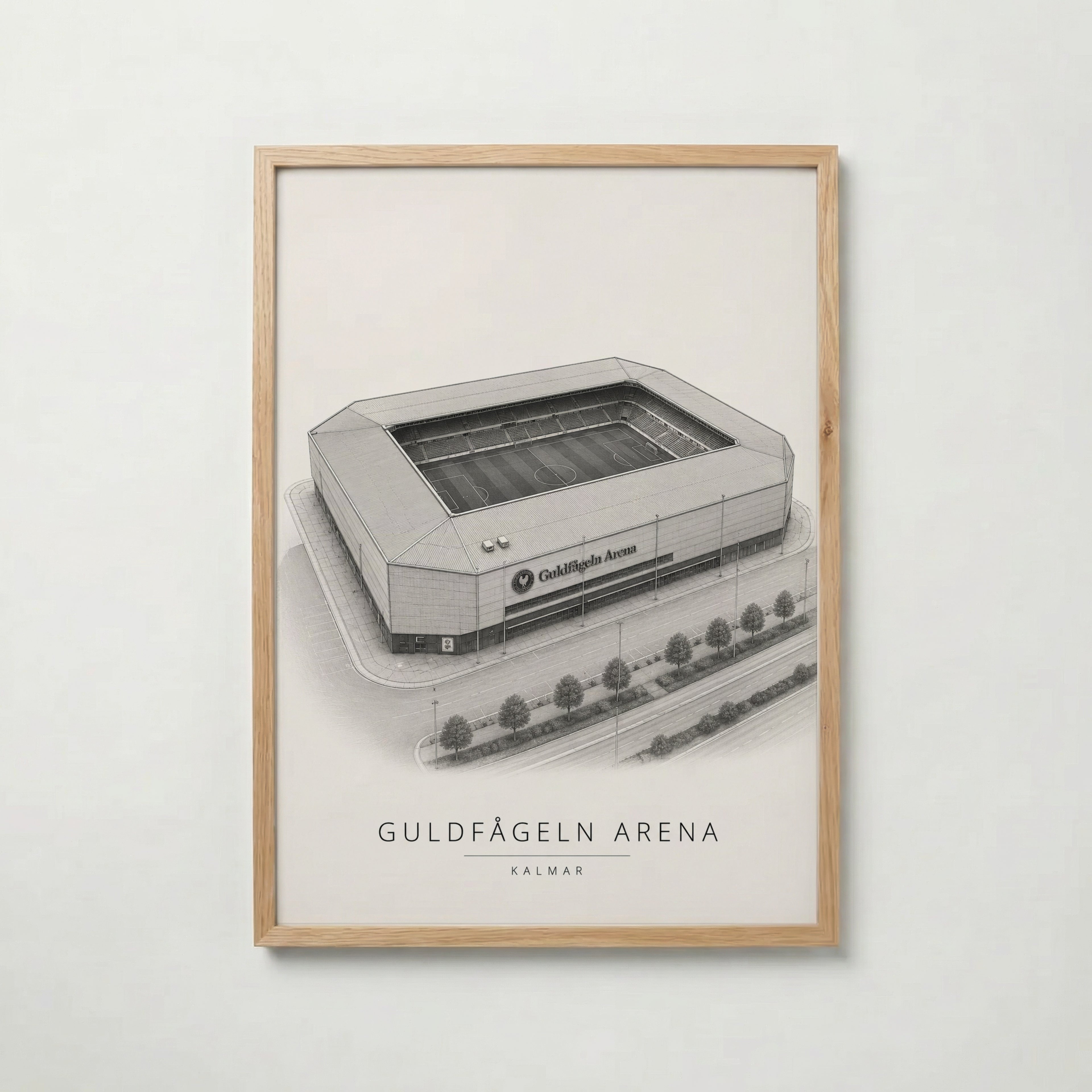 Guldfågeln Arena i ekram med ljust trä – köp enkelt hos Bozetto affisch i hög kvalitet