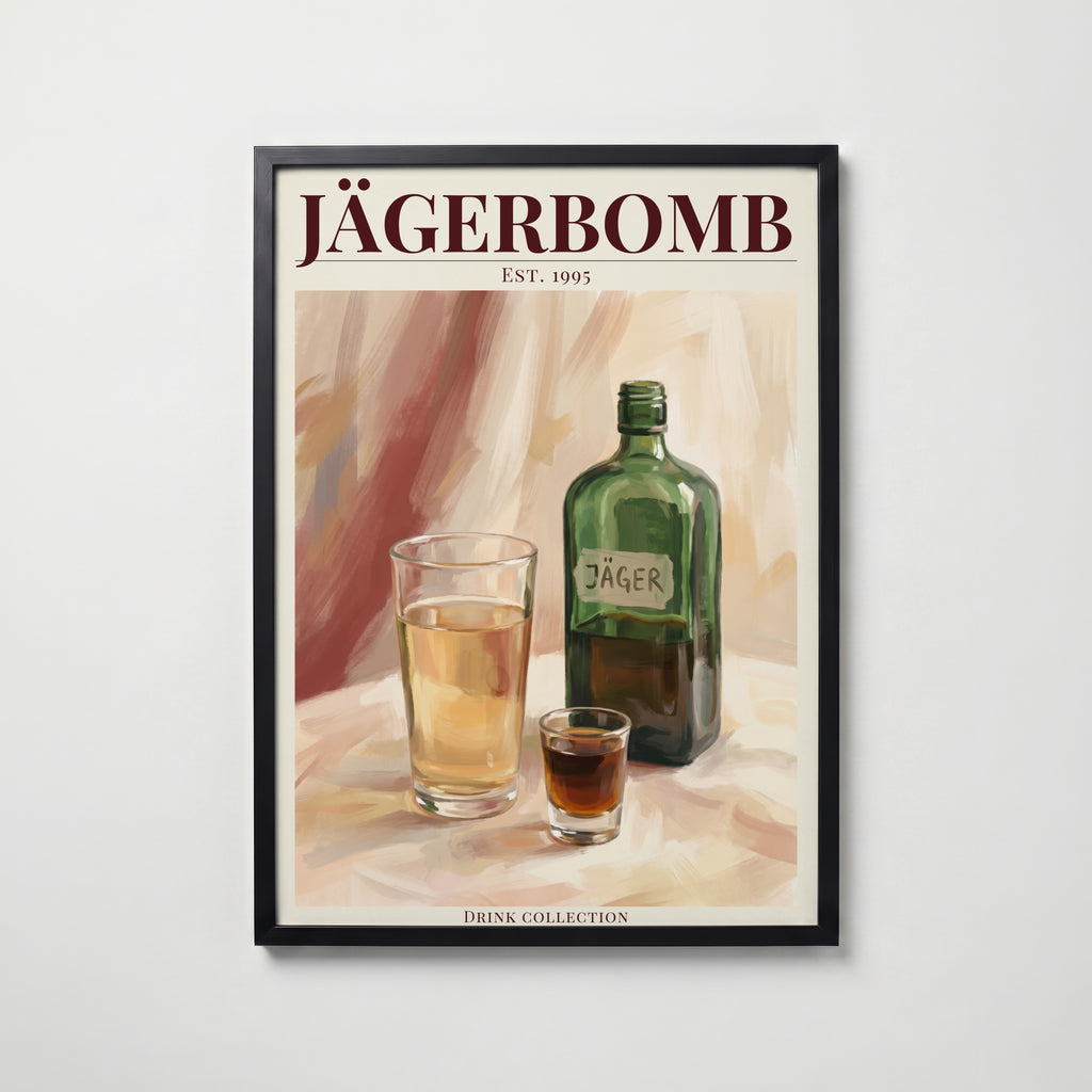 Jägerbomb affisch i modern svart ram – stark kontrast och stil, Bozetto poster i hög tryckkvalitet