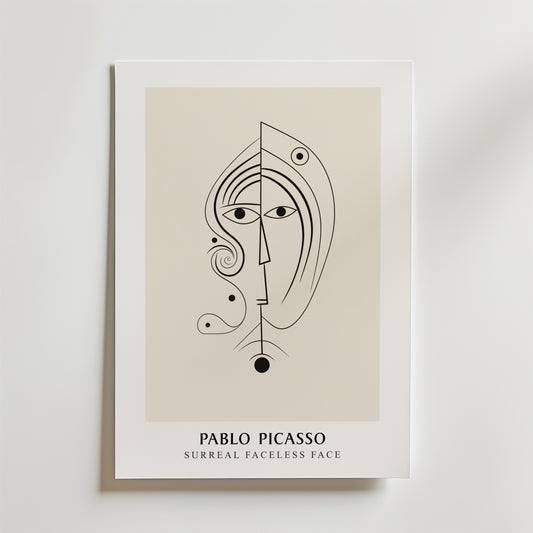 Postern Picasso Soul In Lines från Bozetto föreställer ett abstrakt, ansiktslöst ansikte i svarta linjer på en beige botten med texten: Pablo Picasso - Surreal Faceless Face-ideal minimalist decor for modern interiors.