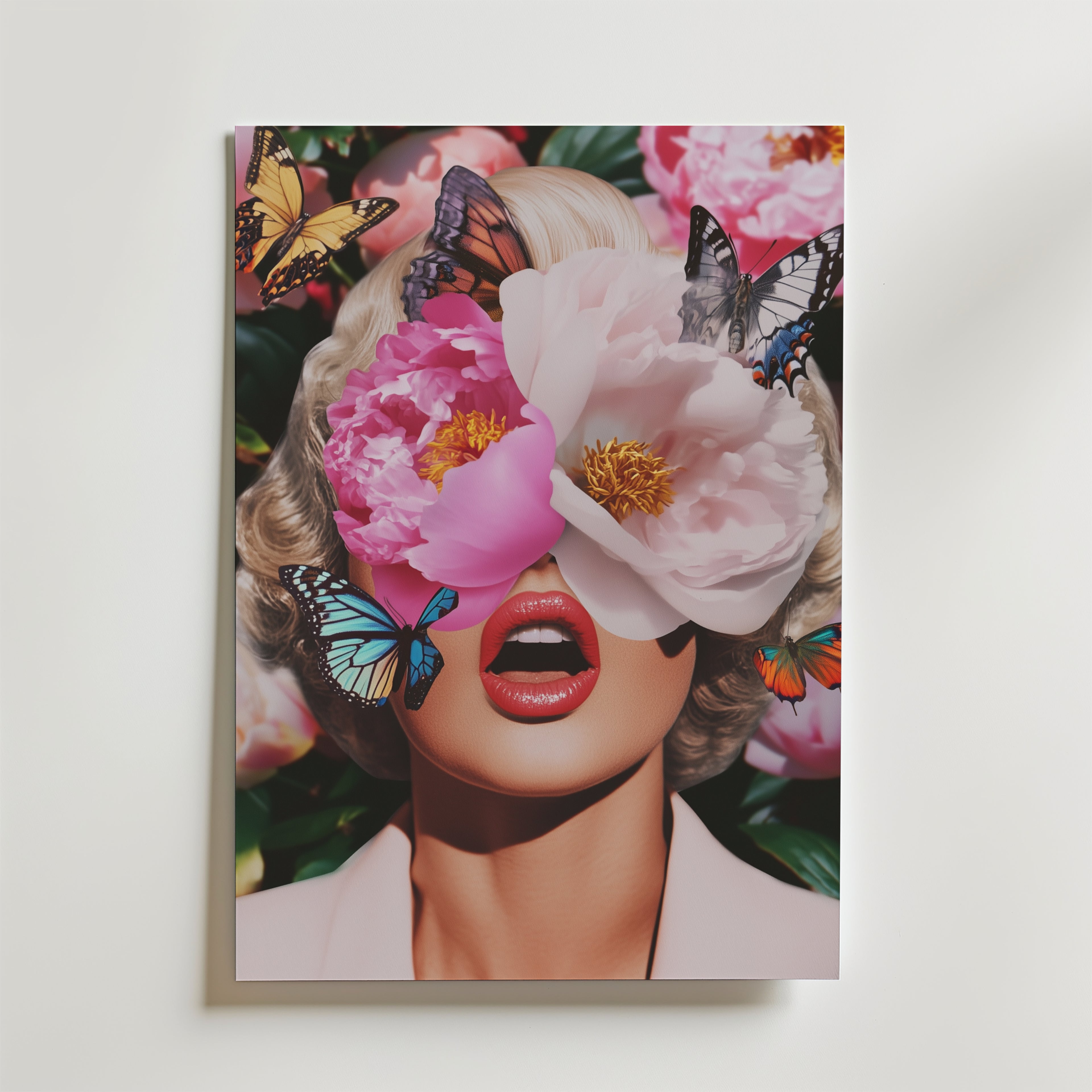 En kvinnas ögon döljs av stora rosa blommor och färgglada fjärilar pryder hennes ansikte på Bozetto Floral Butterfly Eyes Poster, som fångar konstnärlig elegans bland livfulla rosa blommor.