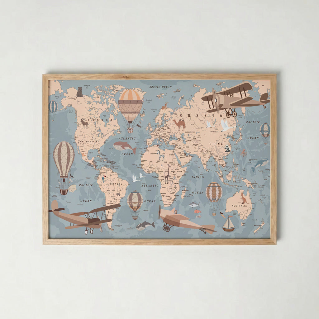 Adventure Map Poster, världskarta för barnrummet i ekram, tryckt i Sverige av Bozetto