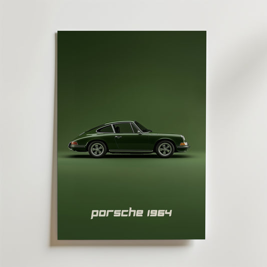 Bozetto Retro Porsche Poster är tryckt på premiumpapper och visar en klassisk mörkgrön Porsche från 1964 i profil mot en matchande grön bakgrund med "Porsche 1964" i vit färg - perfekt för en stilfull inredning.