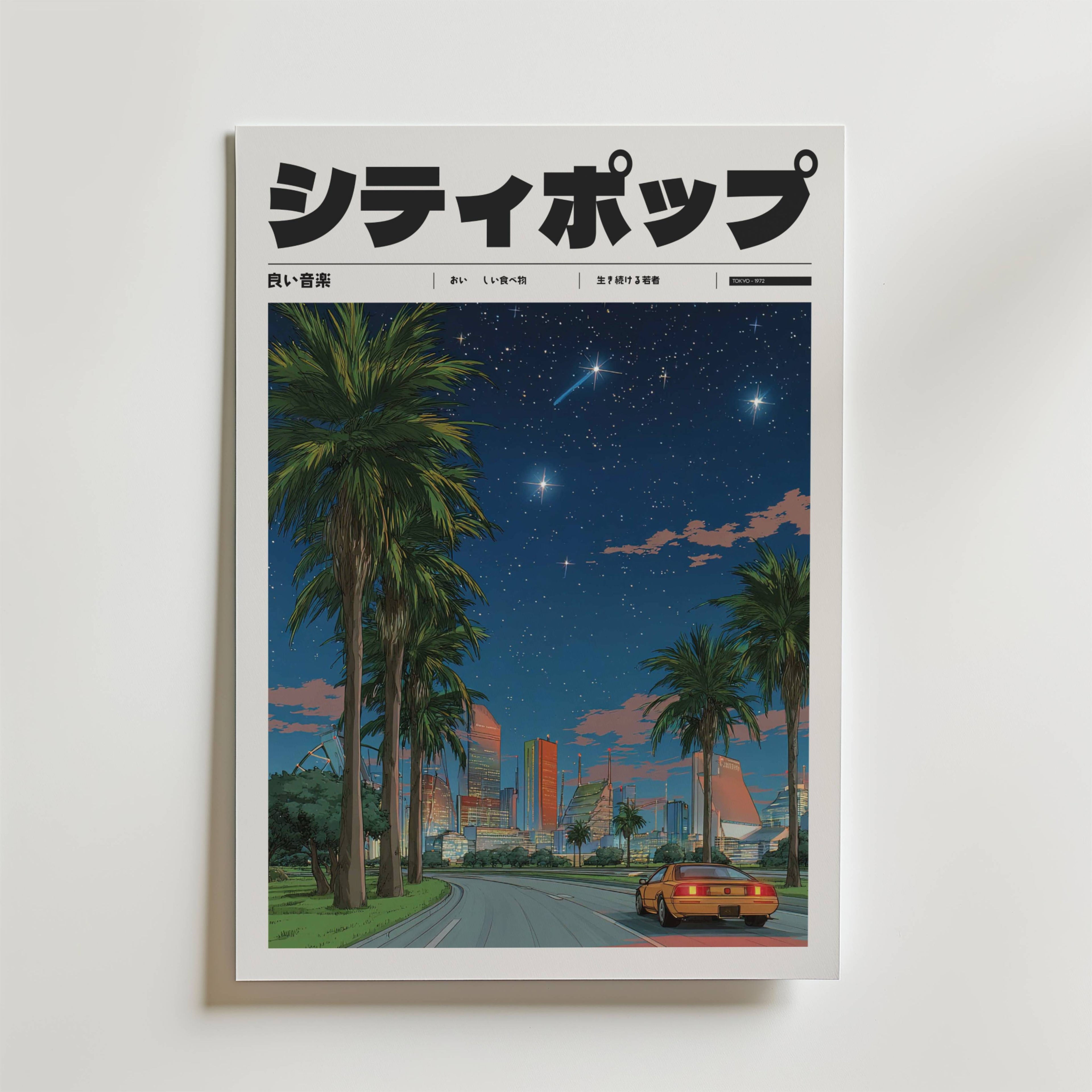Starlit Drive Poster från Bozetto visar japansk text, en neonbelyst stadsbild på natten, palmer, en röd sportbil, höga byggnader och en stjärnfylld himmel med stjärnfall - vilket framkallar nostalgiska retrovibbar.
