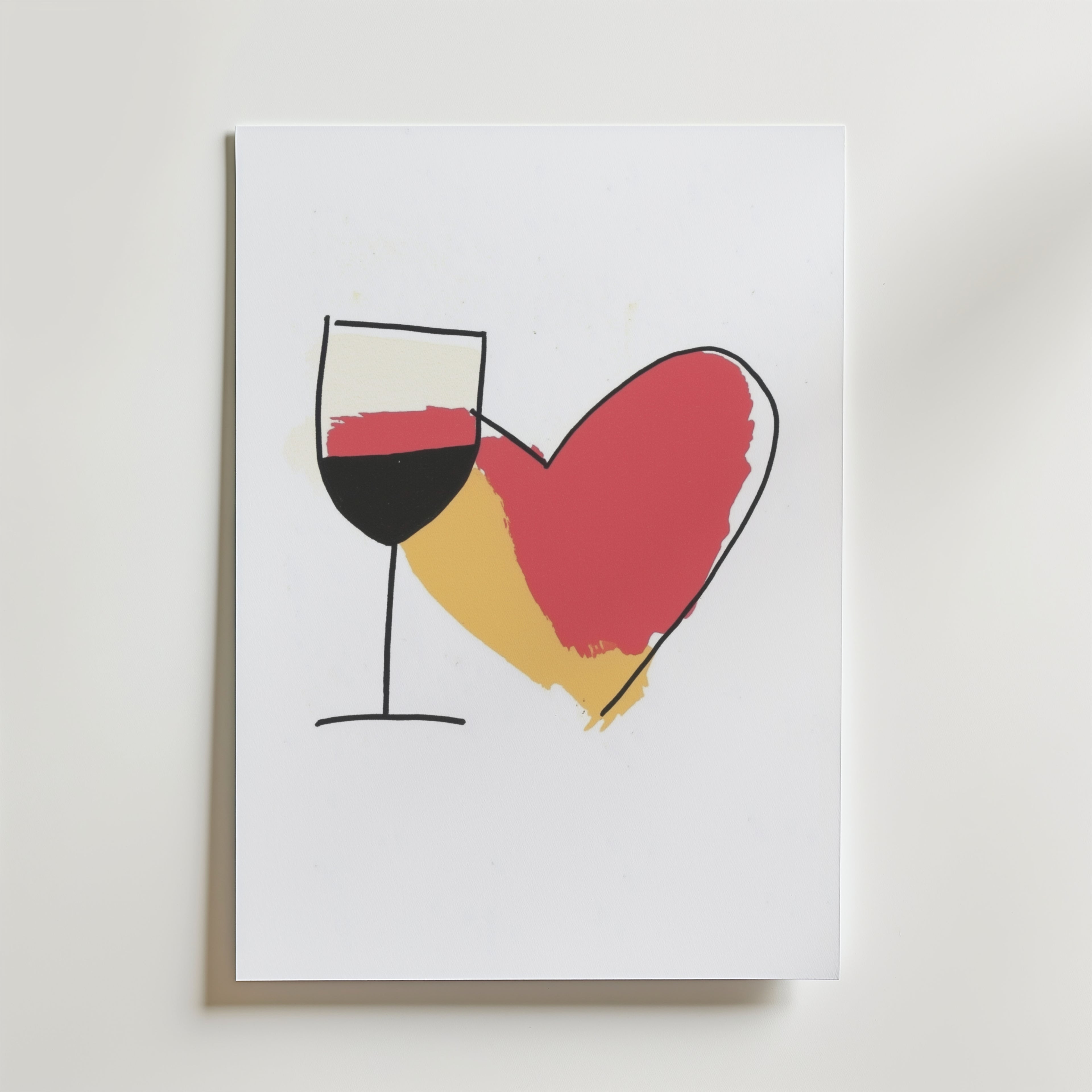Bozetto Wine Is Love Poster föreställer ett rött och guldfyllt vinglas bredvid ett hjärta på en vit bakgrund och ger en touch av konstnärlig elegans till alla rum.