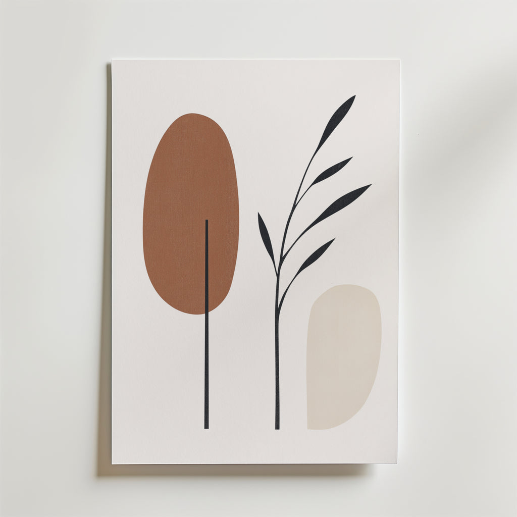 Postern Natural Balance Poster by Bozetto har minimalistisk konst med två abstrakta trädformer - en brun och en beige - samt en enkel svart gren med blad, mot en ljus bakgrund och tryckt på premiumpapper för en raffinerad finish.