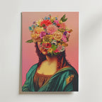 Bozetto Floral Mona Lisa Portrait Poster visar en kvinna i renässansdräkt med ansiktet ersatt av levande blommor, mot en rosa och persika gradient, och tryckt på premiumpapper.