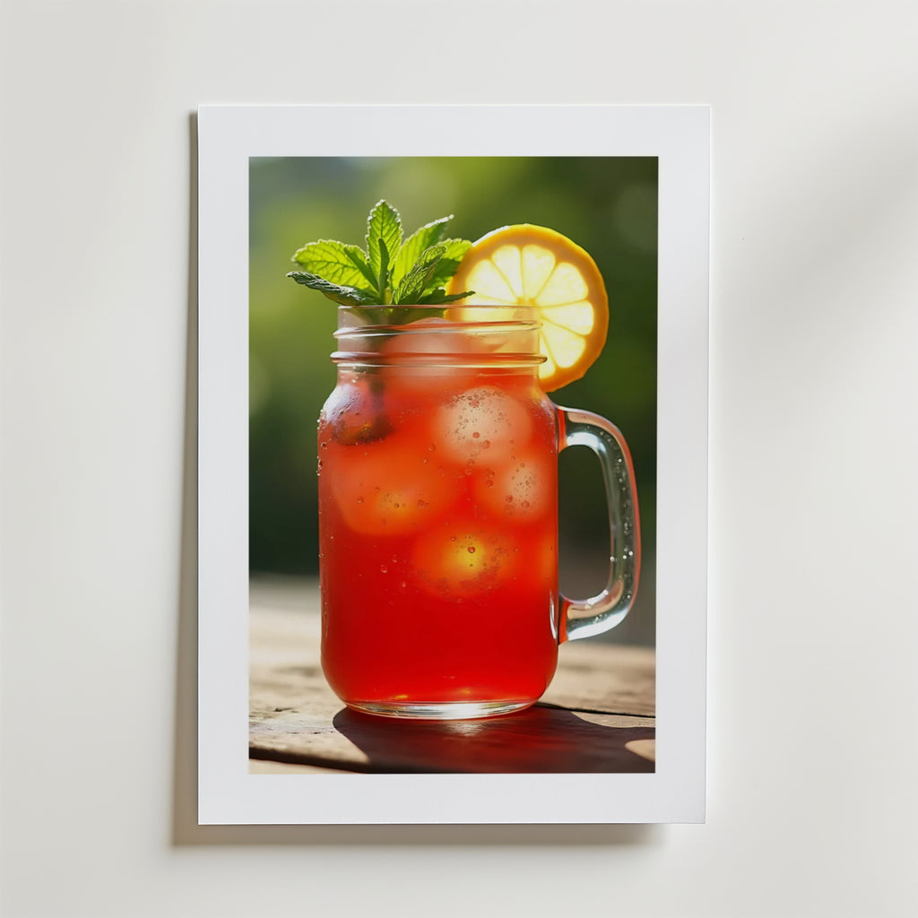 Bozetto Strawberry Lemonade Poster visar ett inramat foto av en murarburk med rött iste, citron och mynta, tryckt på premiumpapper med en matt finish och visas mot en suddig grön bakgrund.