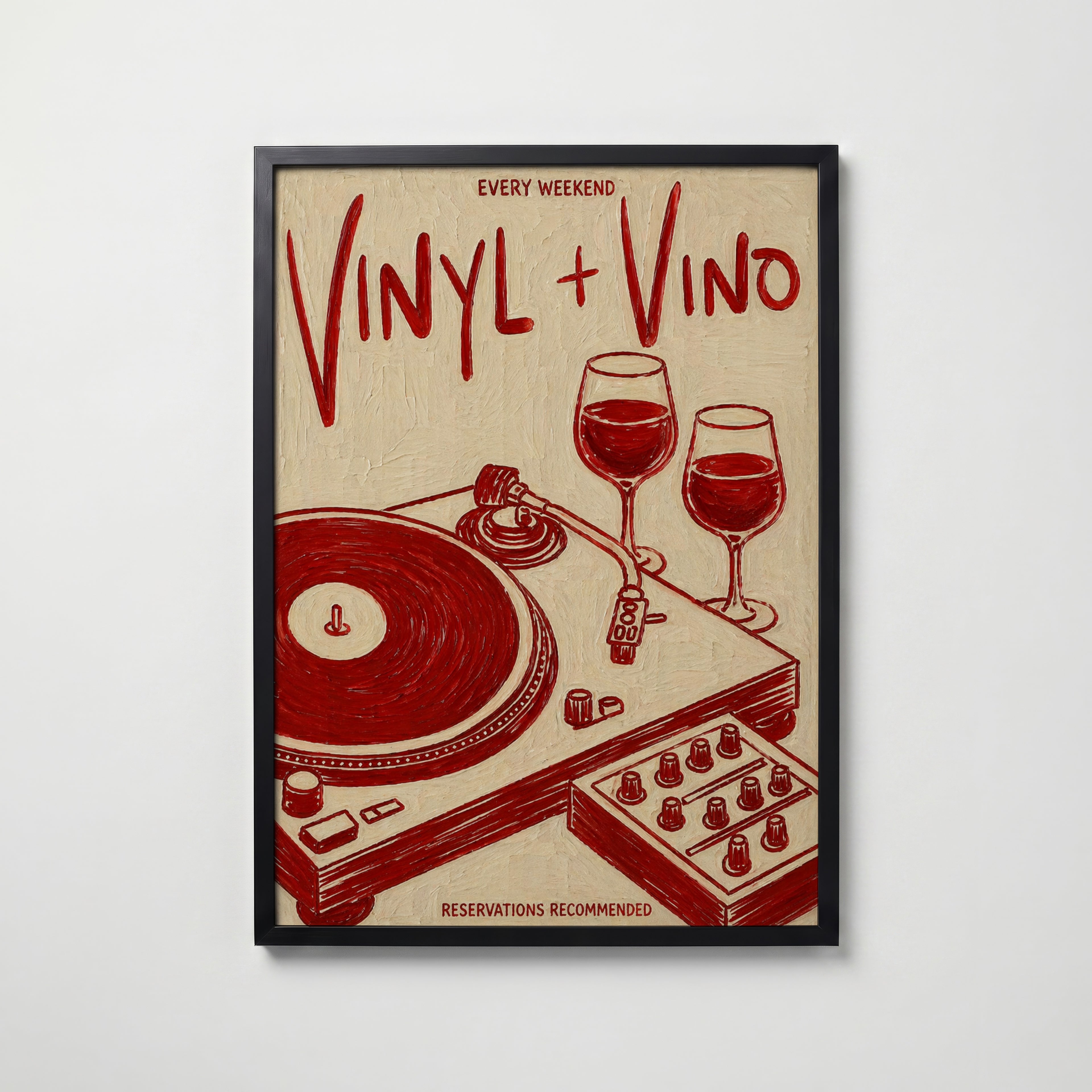 Vinyl & Vino i svart ram på vägg – köp enkelt hos Bozetto affisch i hög kvalitet