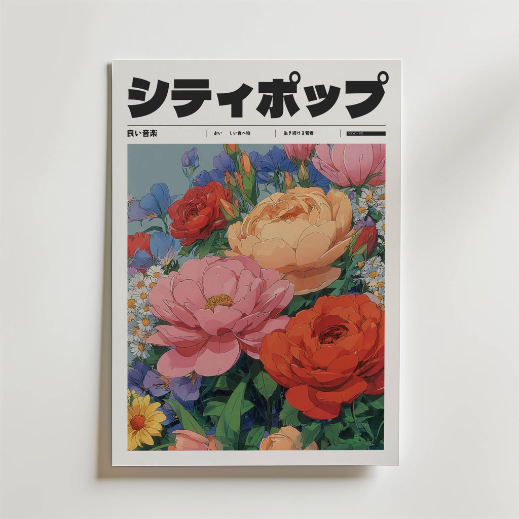 Spring Sonata Poster" från Bozetto har japansk text och en illustrerad bukett med rosor, prästkragar och pioner på en vit bakgrund och fångar charmen hos ett blommigt tidningsomslag eller en elegant blomsterkonst.