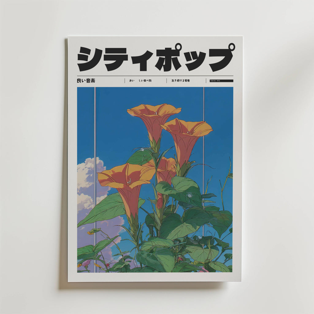 Sunrise Garden Poster från Bozetto har djärv japansk text och orange trumpetformade blommor med gröna blad mot en klarblå himmel, som för tankarna till sommar och natur i en slående design i affischstil.