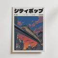 Bozetto Tokyo Dusk Train Poster visar ett futuristiskt tåg som glider över en neonupplyst stad i solnedgången, med japansk text och livfulla färger - en urban, skymningsscen inspirerad av Tokyos dynamiska skyline.