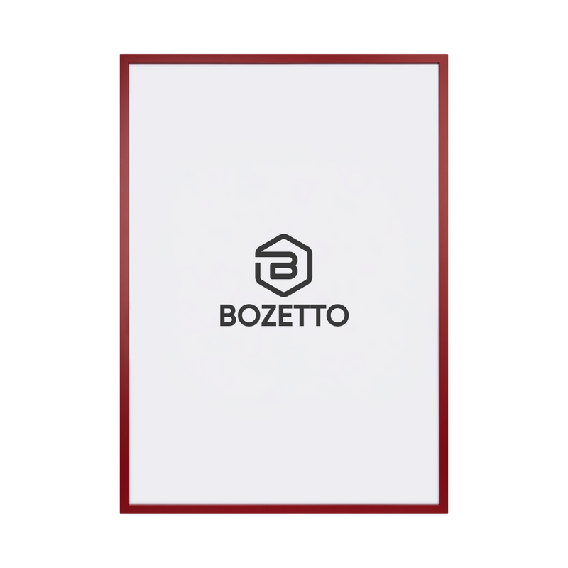 En vertikal rektangulär affischram visar en tunn Röd Träram från Bozetto med vit bakgrund och en centrerad svart Bozetto-logotyp under en geometrisk symbol.