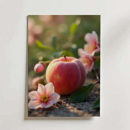 En mogen rosa persika ligger bland mjukt rosa blommor och gröna blad, badande i solljus - vackert avbildad på matt yta premiumpapper i Bozetto Peach Blossom Poster.