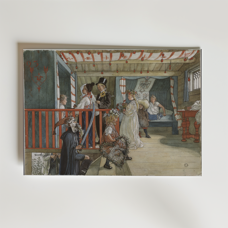 Bozettos affisch "Carl Larsson A Day of Celebration From A Home" fångar svensk kulturhistoria: människor i kostym, mysigt familjeliv, en vitklädd kvinna med blommor, en äldre man med käpp och en man som ligger på sängen.