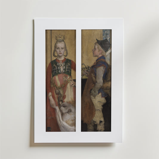 Bozetto "Carl Larsson A Swedish Fairy Tale Poster" har två paneler: till vänster, en krönt kvinna i folkdräkt med ett lamm; till höger, en pojke i rustika kläder och hatt som håller i en tupp. Inramat konstverk inspirerat av Carl Larssons stil.