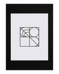 Ett minimalistiskt konsttryck med svarta geometriska former - kvadrater, cirklar och böjda linjer - på en vit bakgrund, inramat i Bozettos Innerram Svart för en modern touch.
