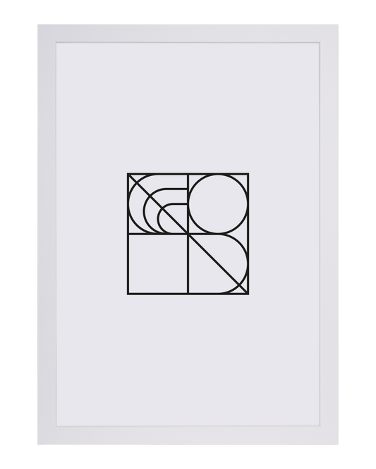 Minimalistisk svart geometrisk linjekonst i ramen Bozetto Innerram slim Vit. Fyra kvadrater med abstrakta kurvor, cirklar och bågar bildar en större kvadrat. Den vita bakgrunden framhäver den rena, minimalistiska ramdesignen.