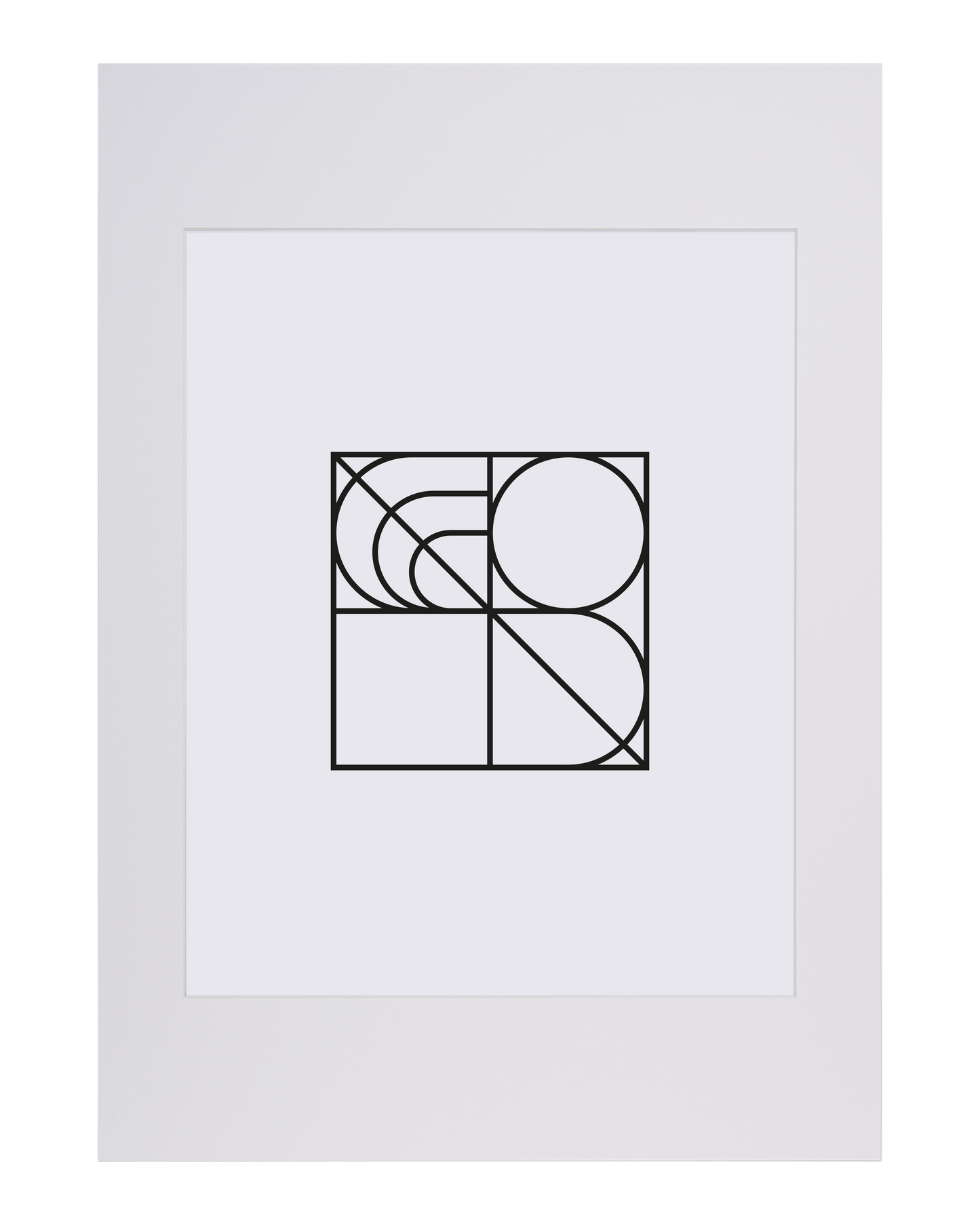 Minimalistisk svart geometrisk linjekonst med kvadrater, cirklar och kurvor arrangerade i ett rutnät på en vit bakgrund, elegant inramad med Bozettos Innerram Vit och en vanlig vit matta.