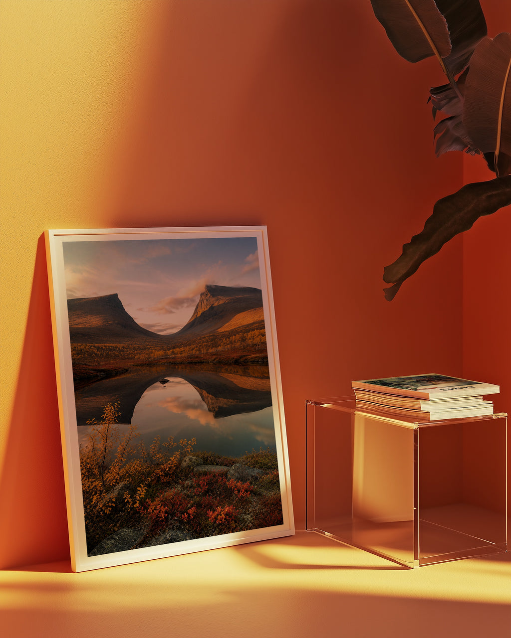 Autumn Mountains Mirror Lake affisch ovanför säng i minimalistiskt stilrent sovrum – Bozetto
