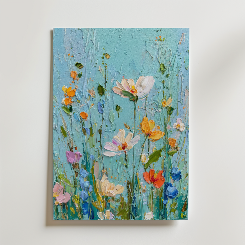 Spring Wildflower Bloom No.2 Poster – Ett livfullt och färgstarkt konstmotiv där en blomsteräng står i full vårblom mot en mj