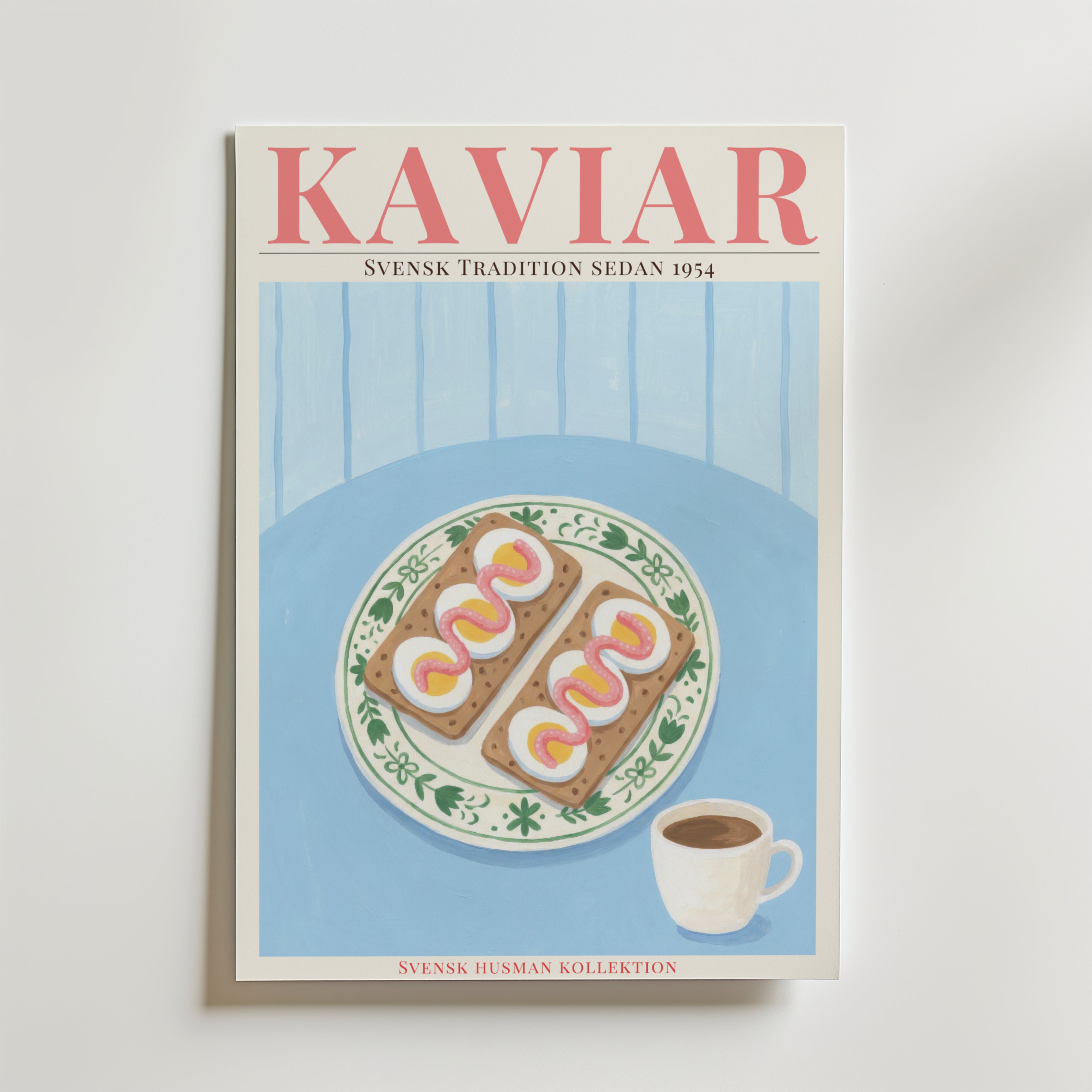 Kaviar Knäckebröd och Ägg Poster – En stilren och humoristisk poster inspirerad av en älskad svensk vardagsfavorit.