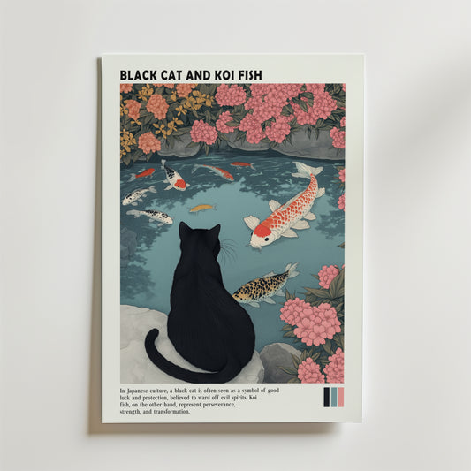 Affischen Bozetto Black Cat and Koi Pond Poster föreställer en svart katt vid en damm i en japansk trädgård, som tittar på koi som simmar bland rosa blommor och gröna blad. Titeln och en kort notis om deras symbolik ingår.