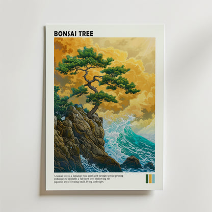 Ocean Cliff Bonsai Poster från Bozetto föreställer ett bonsaiträd på en klippa ovanför vågor och en molnig himmel, med "BONSAI TREE" längst upp.