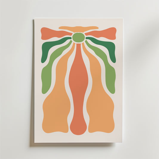 Organic Flow Shapes Poster by Bozetto har symmetriska, vågiga former i orange, persika och grönt på vit botten. Denna moderna abstrakt poster ger mjuka, organiska vibbar - idealisk väggkonst för snygg inredning.