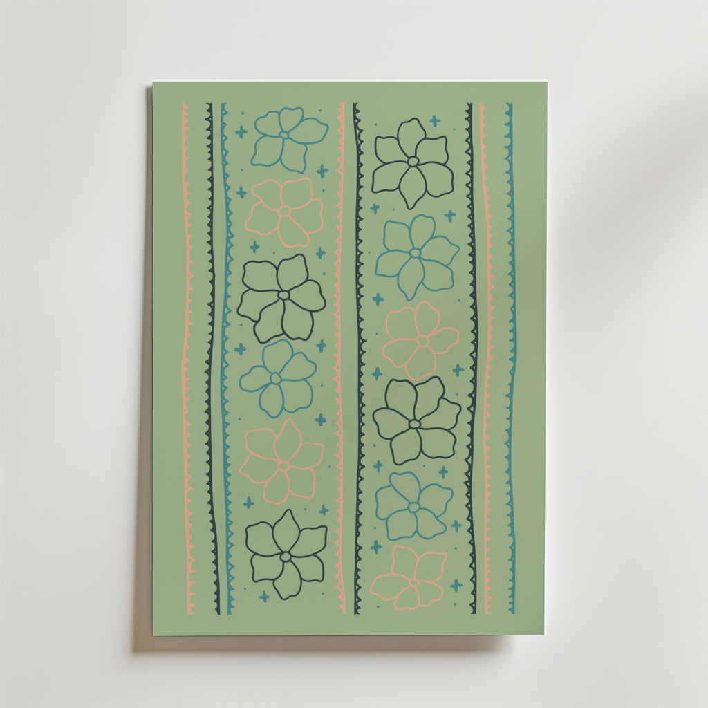 Bozetto Pastel Garden Lines Poster har en modern ljusgrön bakgrund med vertikala linjer, pastellfärgade accenter, rosa och mörkgröna blomsterillustrationer, blå stjärnor och vågiga dekorativa kanter i blått och persika.