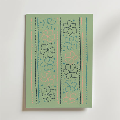 Bozetto Pastel Garden Lines Poster har en modern ljusgrön bakgrund med vertikala linjer, pastellfärgade accenter, rosa och mörkgröna blomsterillustrationer, blå stjärnor och vågiga dekorativa kanter i blått och persika.