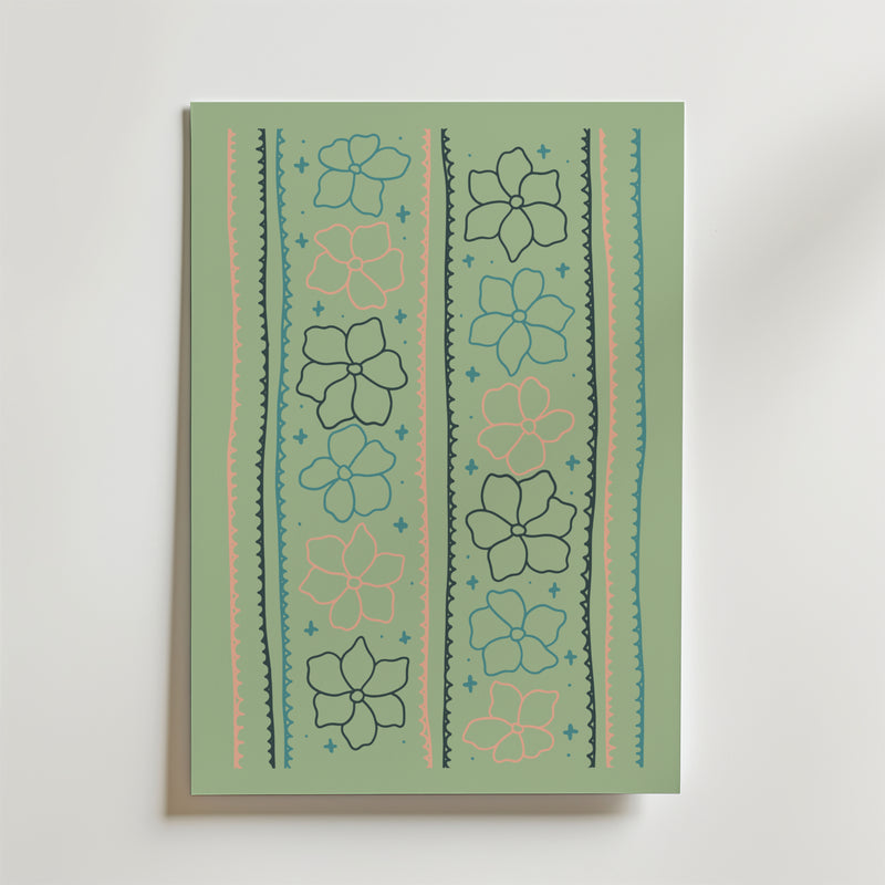 Bozetto Pastel Garden Lines Poster har en modern ljusgrön bakgrund med vertikala linjer, pastellfärgade accenter, rosa och mörkgröna blomsterillustrationer, blå stjärnor och vågiga dekorativa kanter i blått och persika.