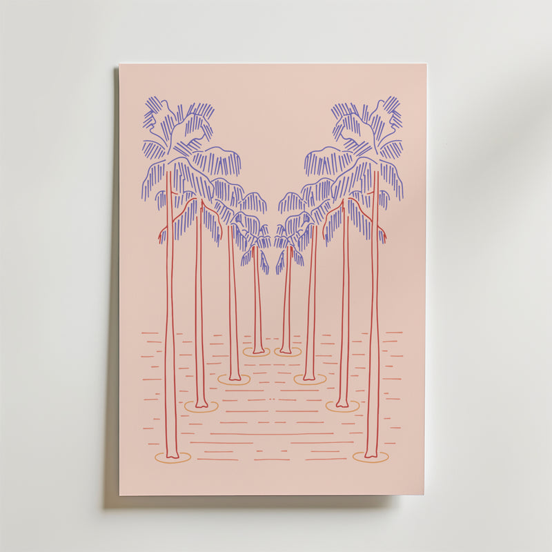Bozetto Palm Dream Sunset Poster är en minimalistisk pastellprint med åtta stiliserade palmer i rosa och lila linjer, placerade i två rader ovanför vågiga linjer på en ljus persikobakgrund, som ger semesterkänsla till ditt rum.