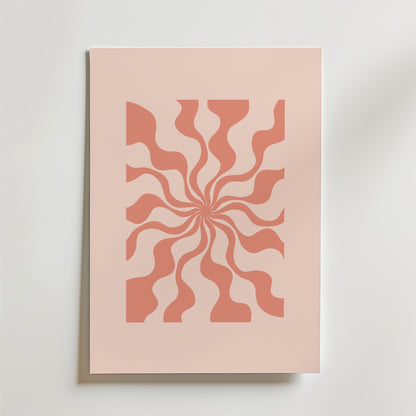 Bozetto Retro Swirl Rose Poster har en rosa bakgrund med ett centralt retroinspirerat rosenrött vågigt mönster som skapar en hypnotisk effekt. Luta dig mot en vit vägg, det är det perfekta valet för unik väggdekor.