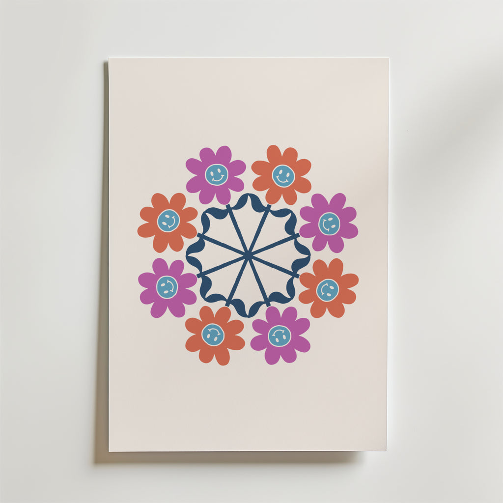 Bozetto Geometric Floral Mandala Poster visar röda och lila tecknade blommor i ett cirkulärt mönster runt en marinblå mandala på en ljus bakgrund - perfekt för dig som gillar färgglad fotokonst.