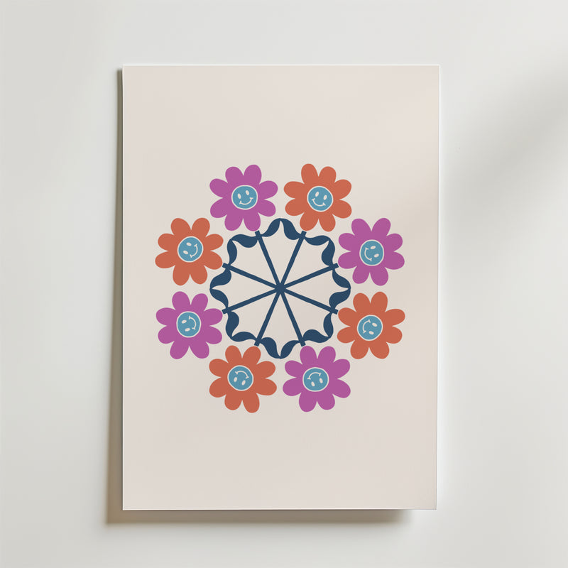 Bozetto Geometric Floral Mandala Poster visar röda och lila tecknade blommor i ett cirkulärt mönster runt en marinblå mandala på en ljus bakgrund - perfekt för dig som gillar färgglad fotokonst.