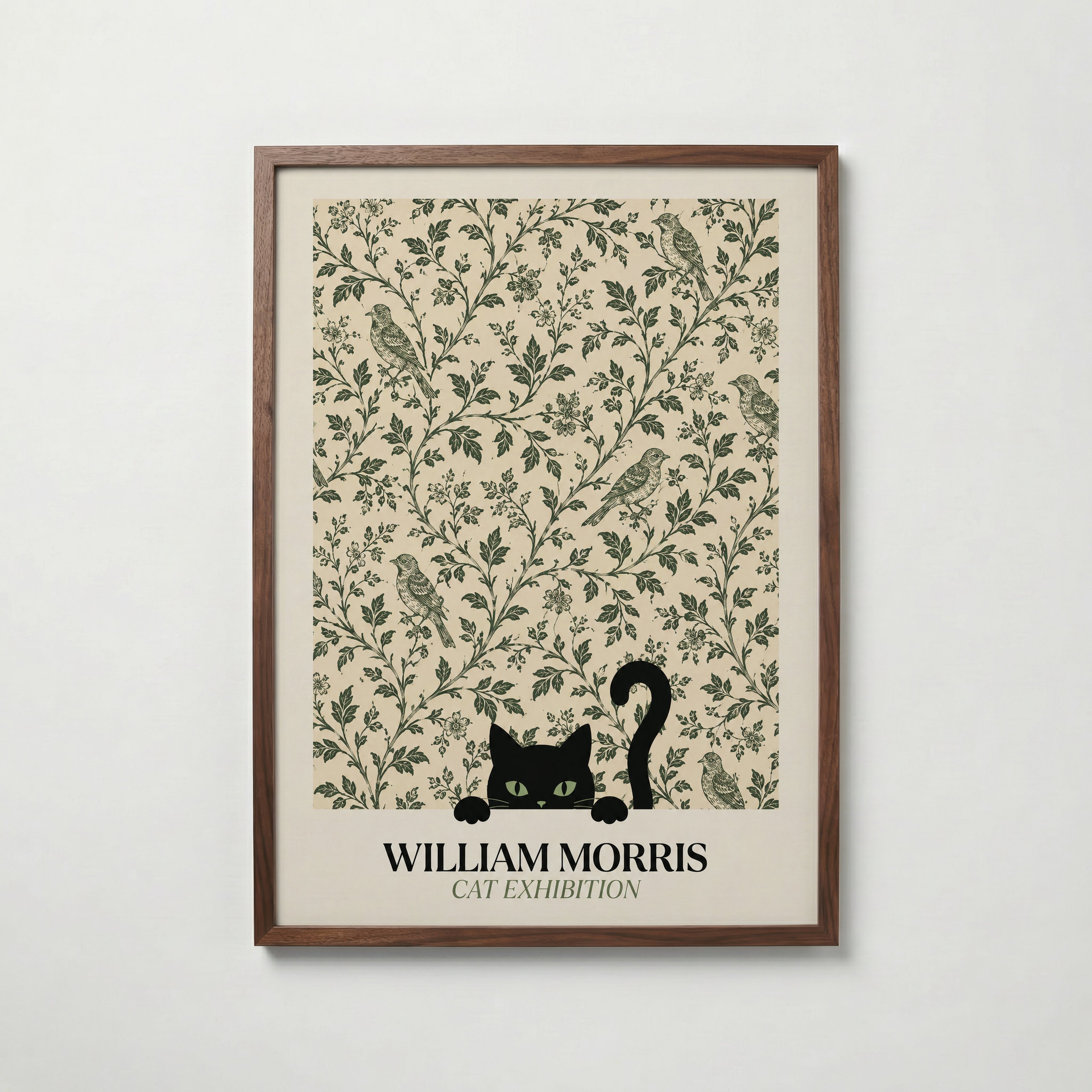 Cat Among the Birds William Morris Poster – svart katt kikar nyfiket fram ur William Morris fågelmönster