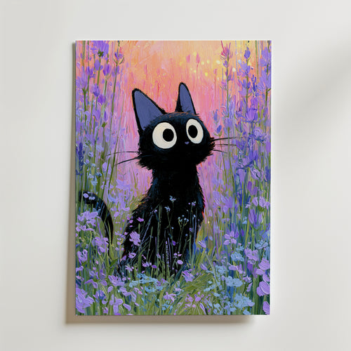 Cat in Violette Meadow Poster – svart katt i lavendeläng i skymning på canvas, tryckt i Sverige