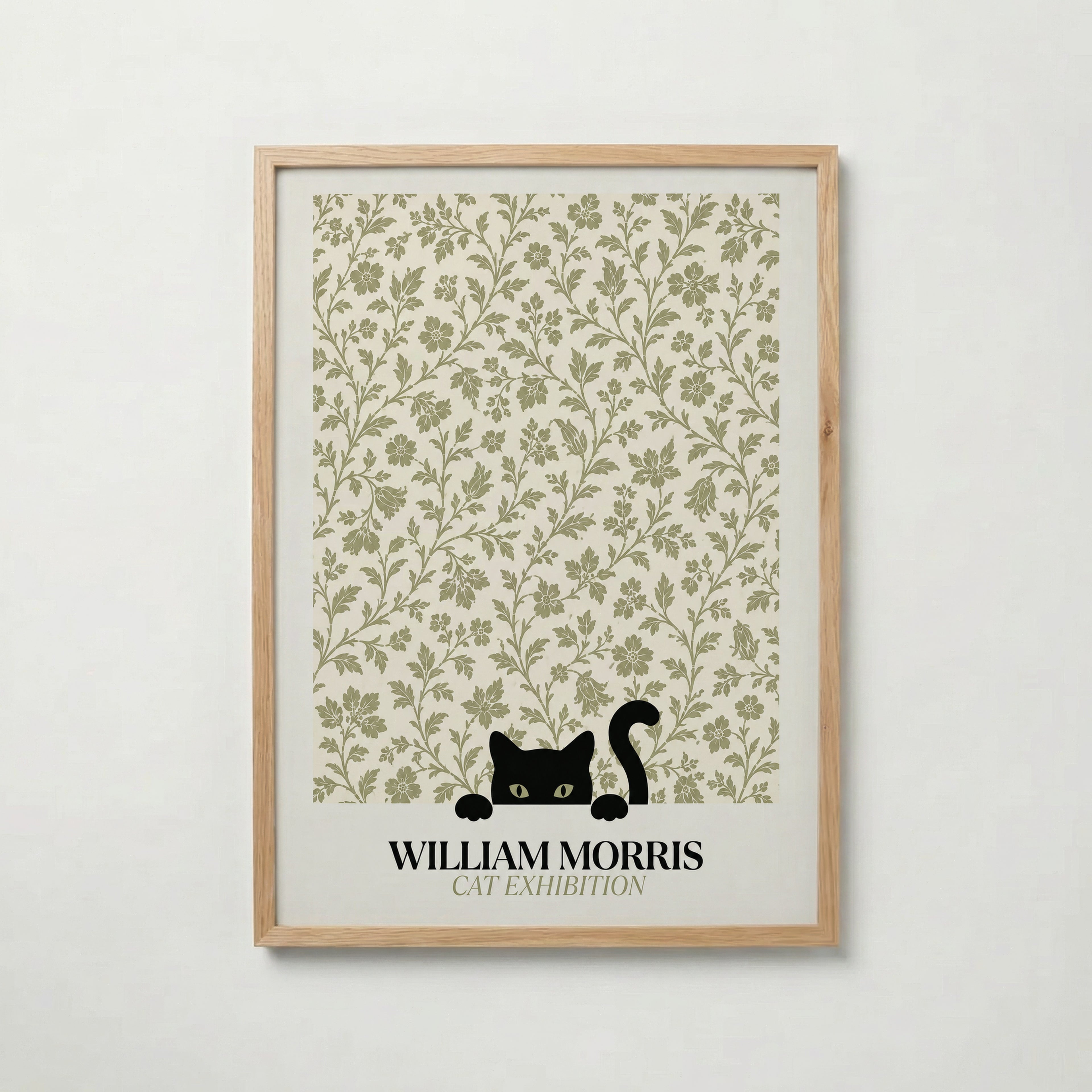 Cat in the Bramble William Morris Poster – svart katt bland William Morris björnbärsmönster i salviagrön